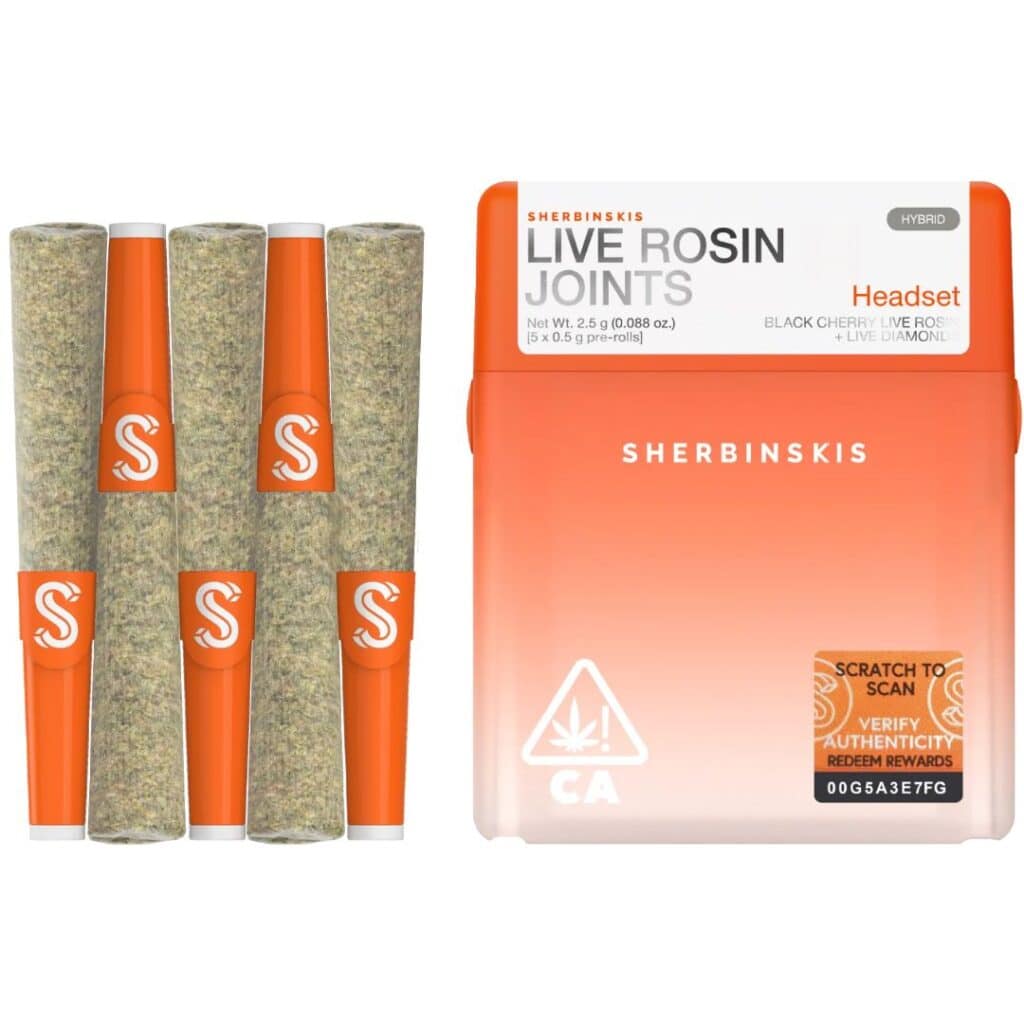 Sherbinskis THCa Live Rosin Infused Prerolls 2.5g 5ct Headset (F) + Black Cherry (R) – Hybrid