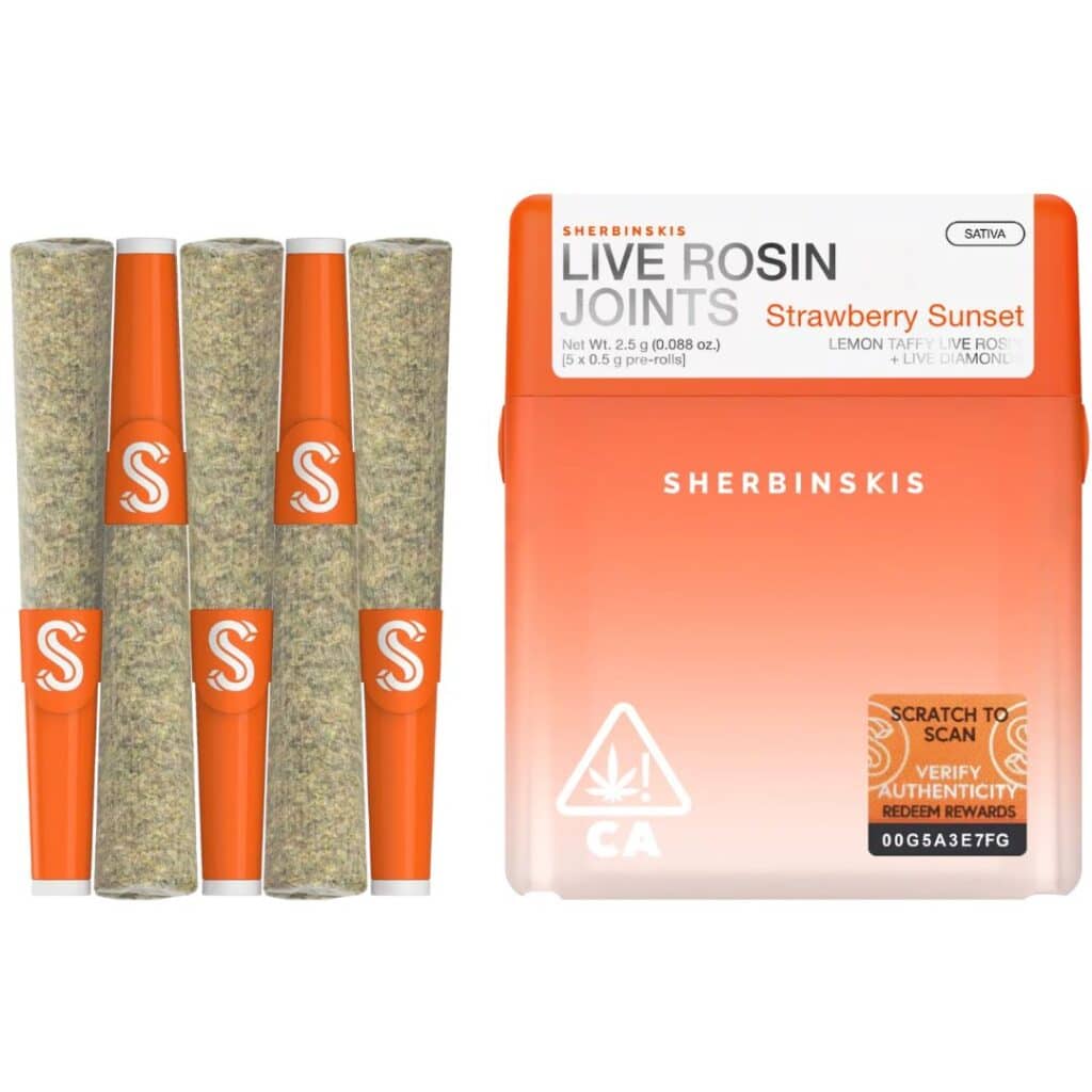 Sherbinskis THCa Live Rosin Infused Prerolls 2.5g 5ct Strawberry Sunset (F) + Lemon Taffy (R) – Sativa